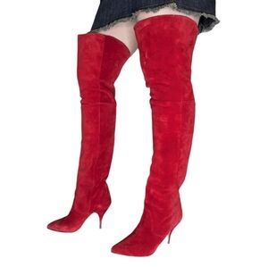 80s Red Suede Over-the-Knee Boots Size 7.5 Vintage - Wear Slouchy Or Tall